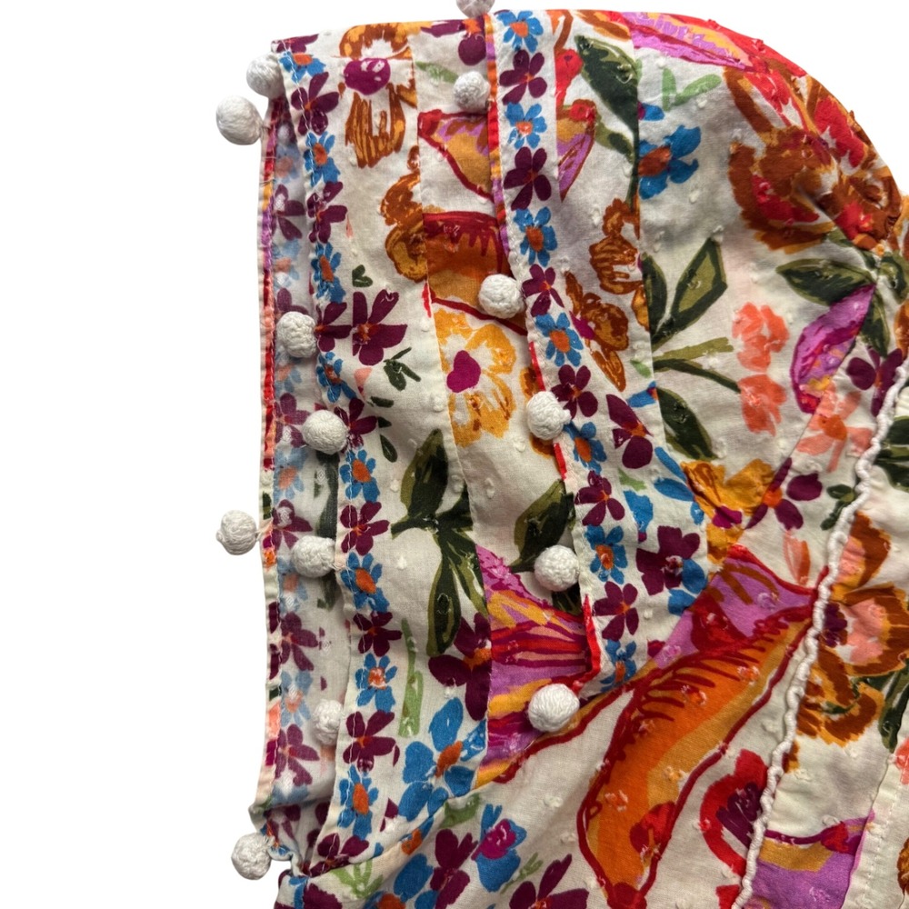 Farm Rio Womens Top Large Floral Swiss Dot Blouse Multi Color Boho Pom Poms - Picture 6 of 11